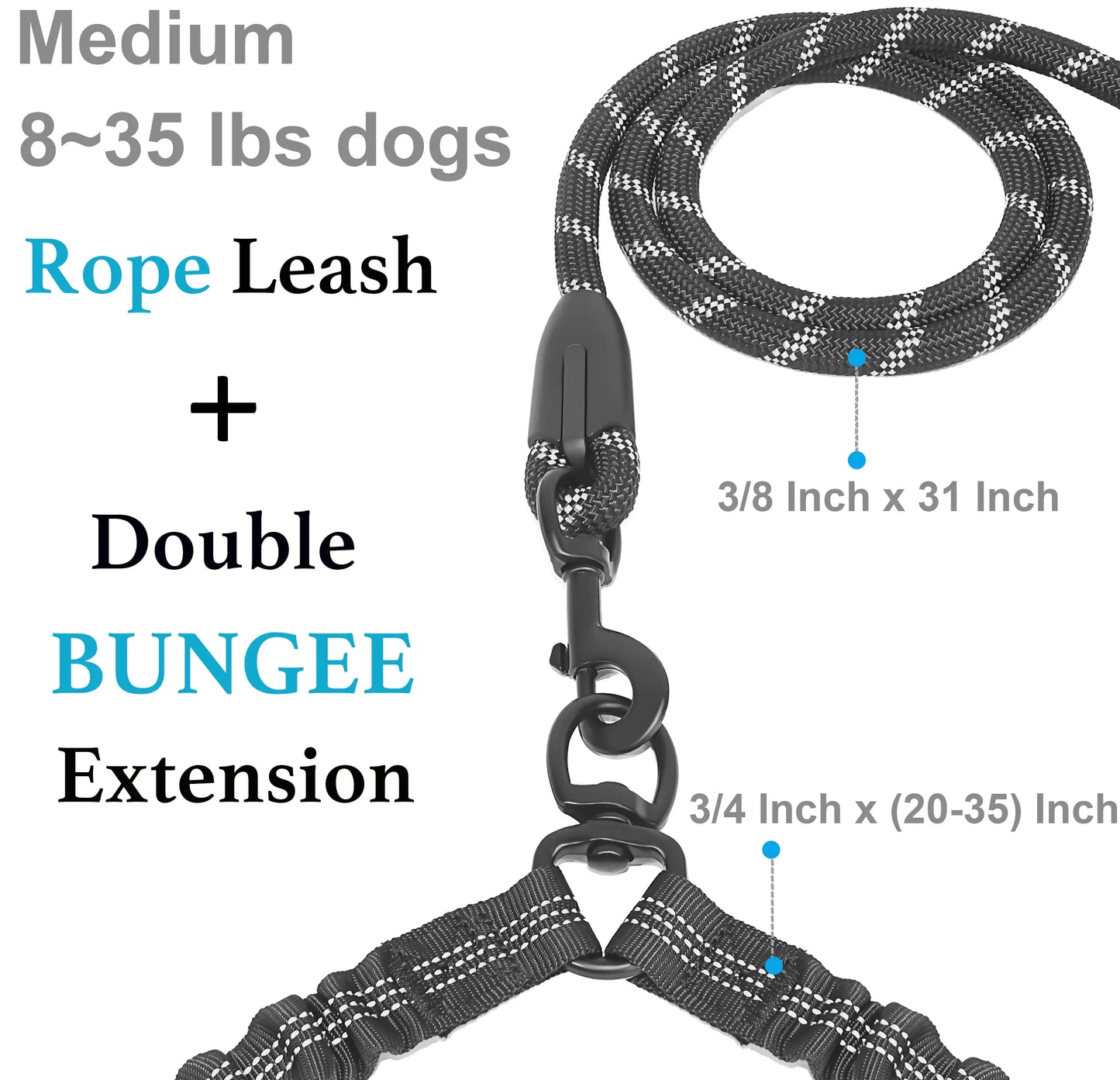  Dual 360 Swivel No Tangle Pet Leash Shock Absorbing Bungee 