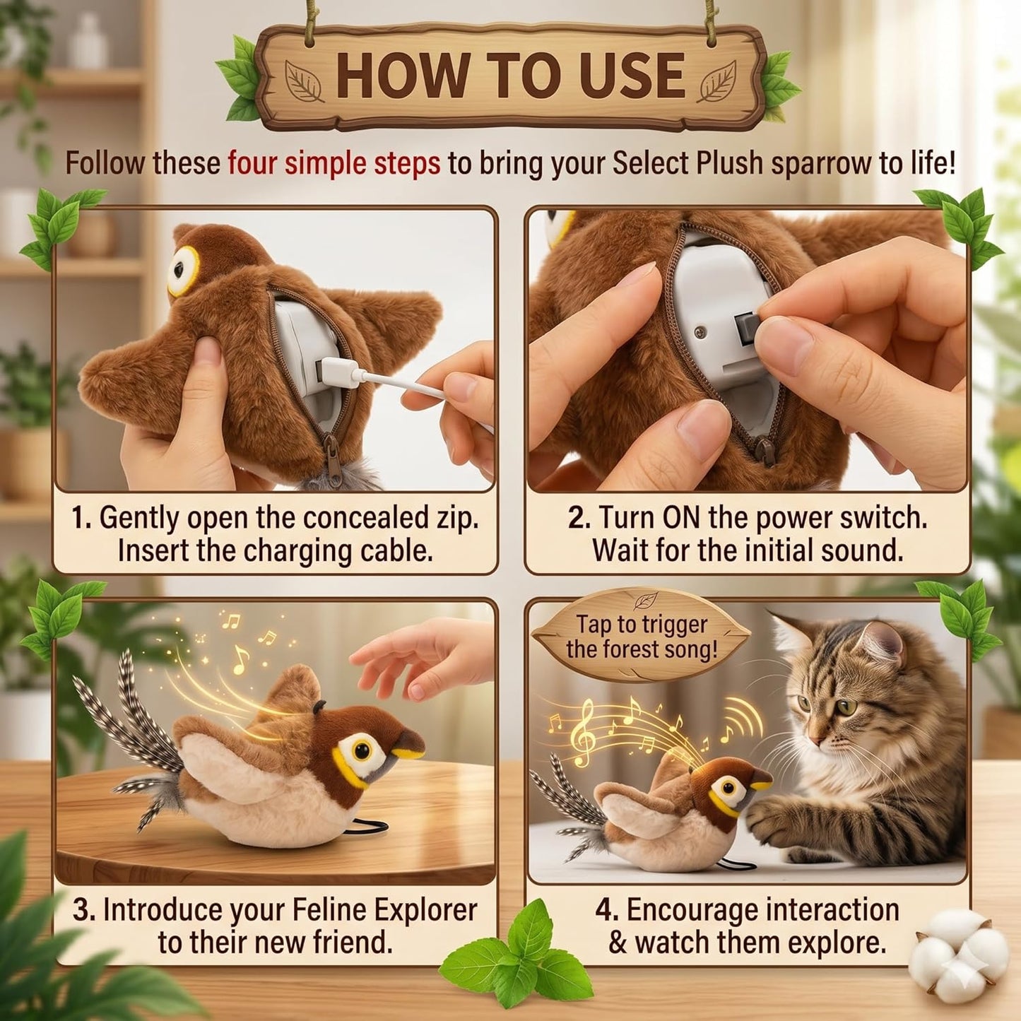 Interactive Flapping & Chirping Bird Toy for Cats and Small Dogs (No Flying) (Large 9X3")