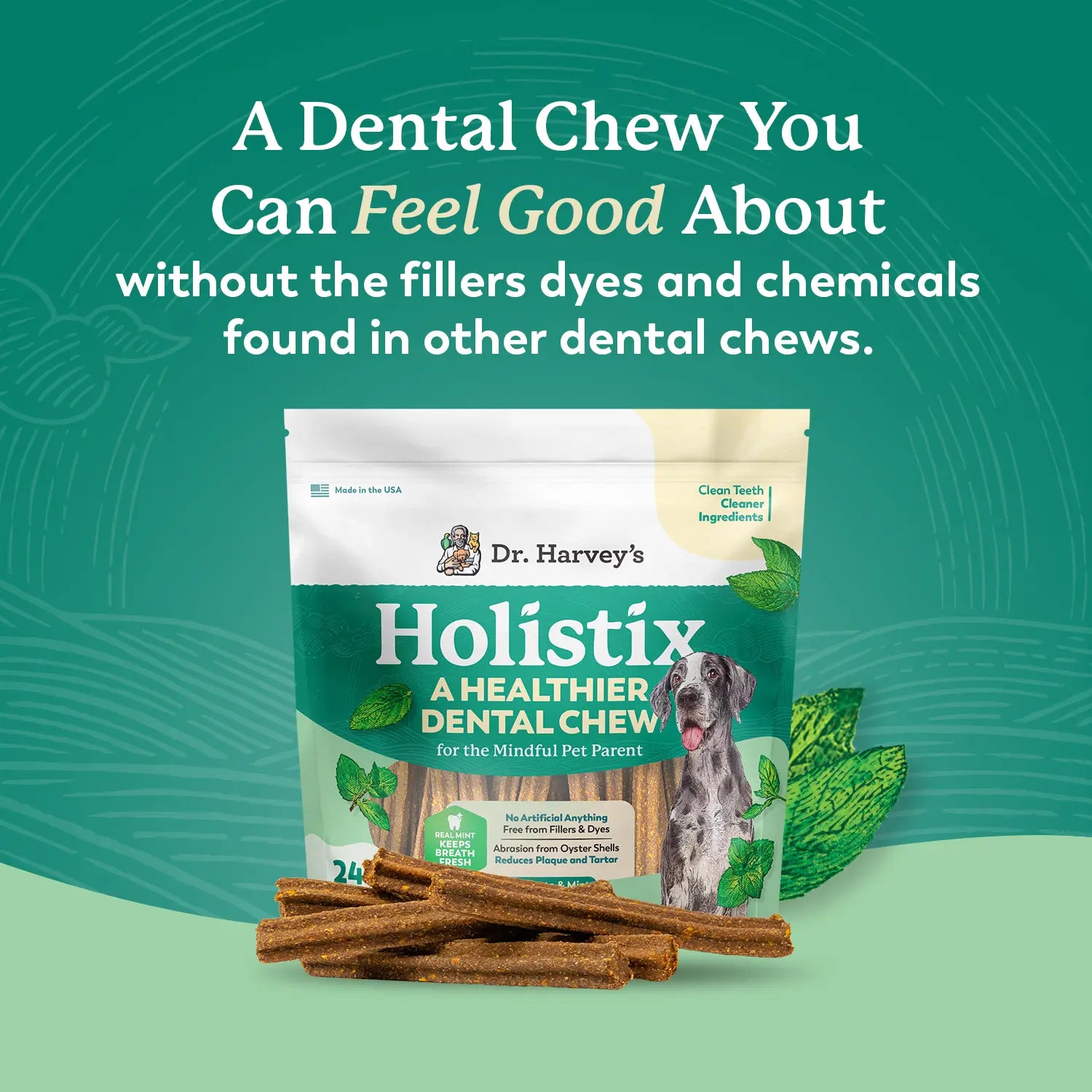 Dental Chews for Dogs Teeth Cleaning & Fresh Breath Treats Sweet Potato Mint Flavor (24 Sticks)