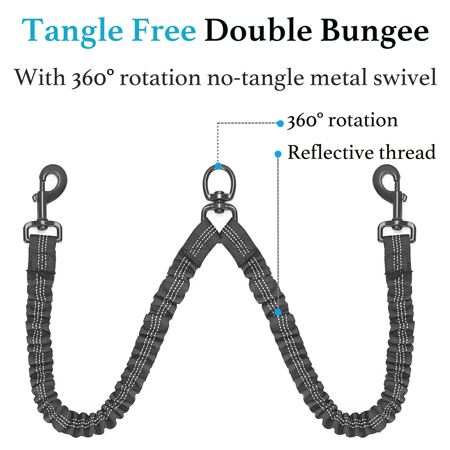  Dual 360 Swivel No Tangle Pet Leash Shock Absorbing Bungee 