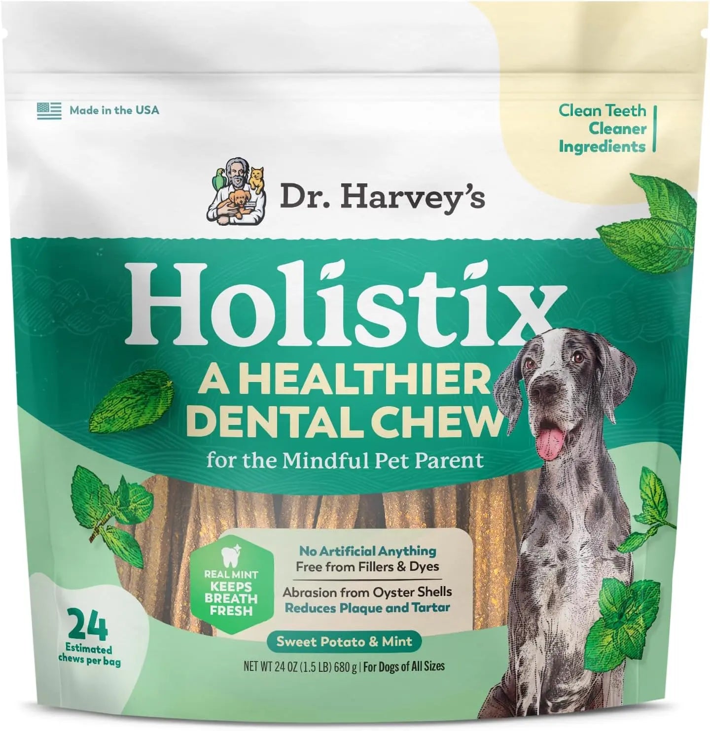 Dental Chews for Dogs Teeth Cleaning & Fresh Breath Treats Sweet Potato Mint Flavor (24 Sticks)