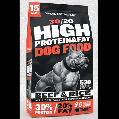 Bully Max 30/20 High Protein Beef Dog Food 15 Lbs - High Performance Filler-Free Formula - Supports Muscle Gain & Health - 530 Calories per Cup - No Corn, Wheat, or By-Products