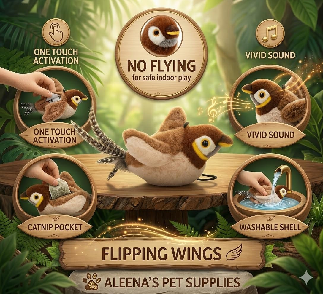 Interactive Flapping & Chirping Bird Toy for Cats and Small Dogs (No Flying) (Large 9X3")