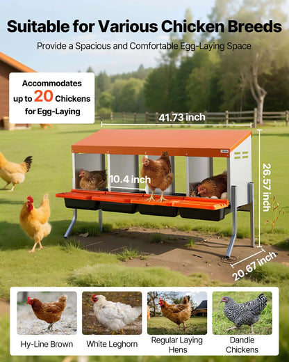【Summervibes】Vevor Chicken Nesting Boxes, 4 Compartments, with Support Legs, Easy Egg Collection, Galvanized Steel and High-Strength Plastic, Roll Away Nesting Boxes for Chickens and Hens Laying Eggs, Orange