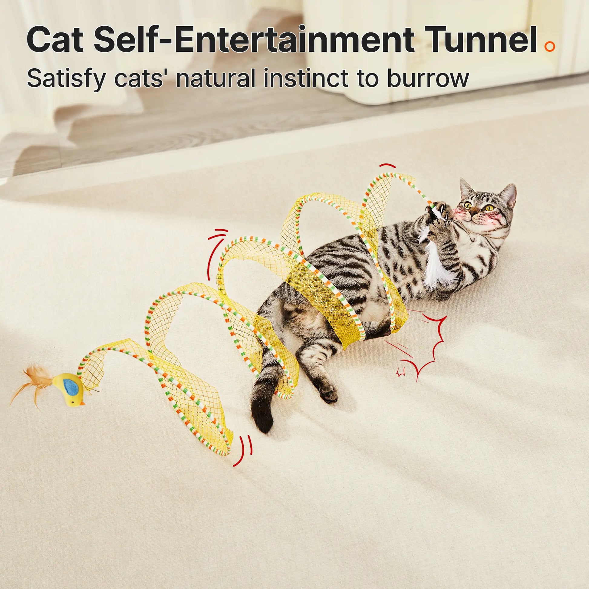 Spiral Play Tunnel with Feather & Bell for Cats (20 Inches Unfolded) 