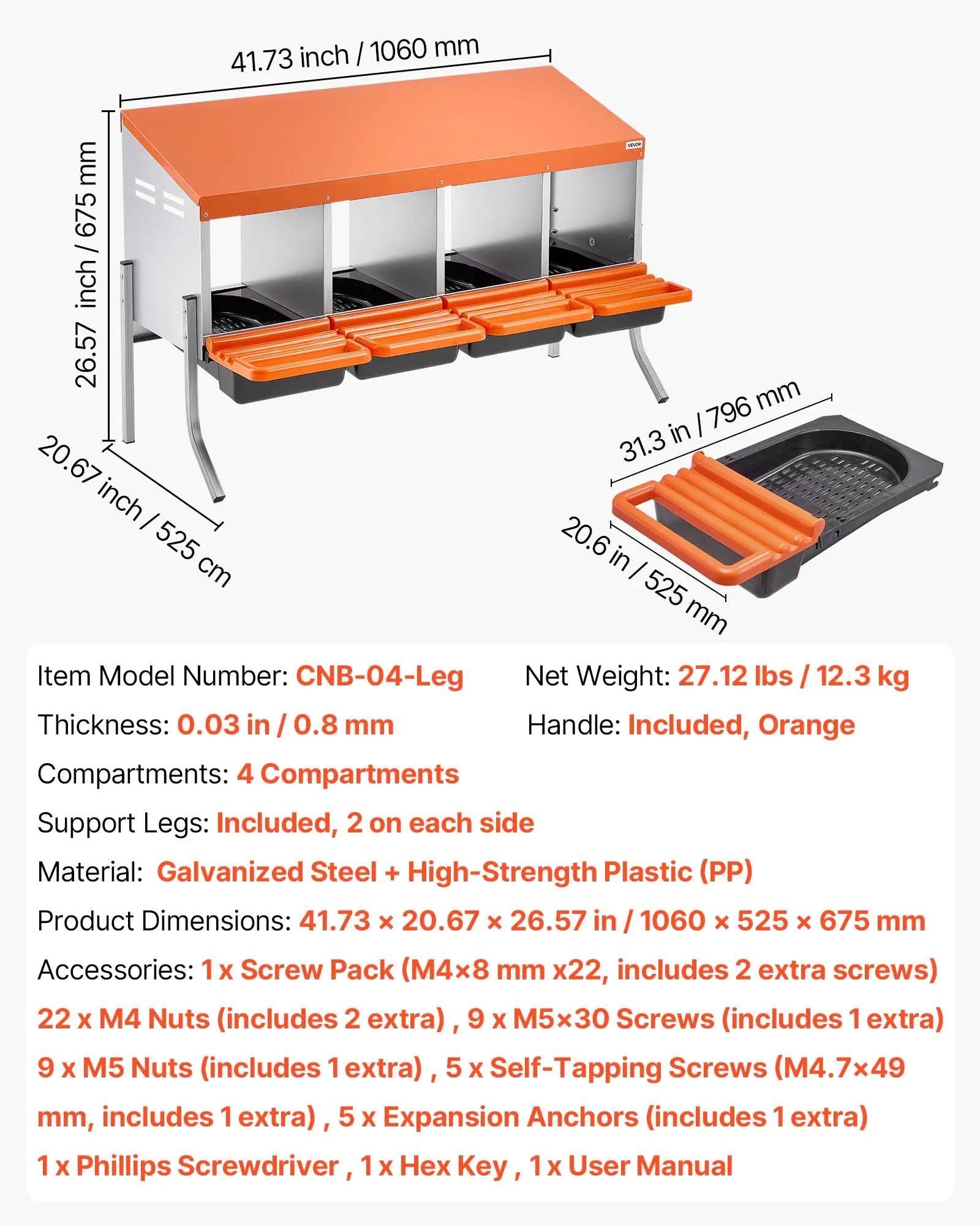 【Summervibes】Vevor Chicken Nesting Boxes, 4 Compartments, with Support Legs, Easy Egg Collection, Galvanized Steel and High-Strength Plastic, Roll Away Nesting Boxes for Chickens and Hens Laying Eggs, Orange
