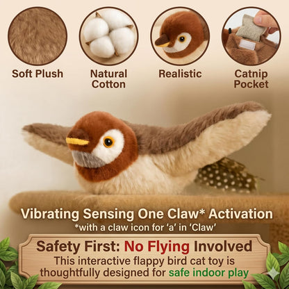Interactive Flapping & Chirping Bird Toy for Cats and Small Dogs (No Flying) (Large 9X3")