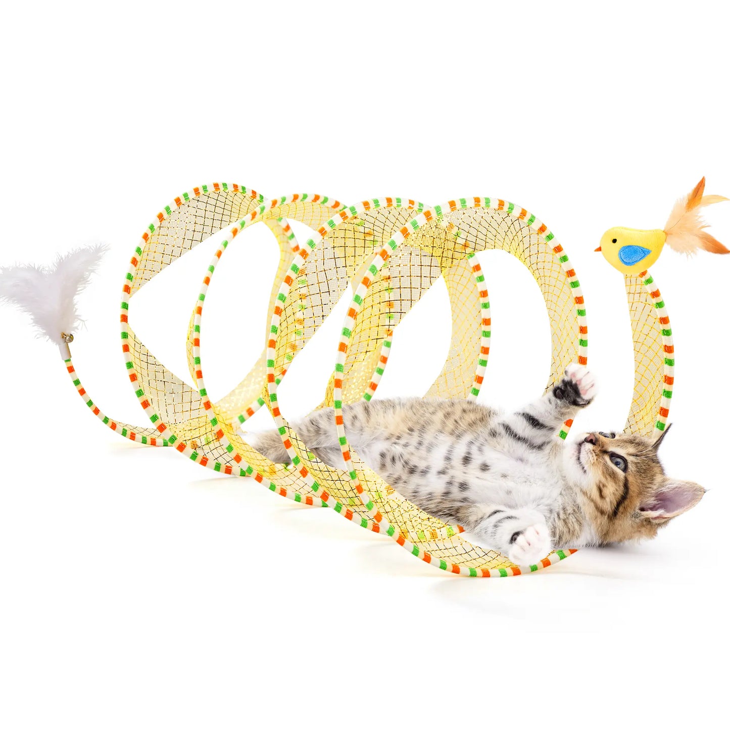 Spiral Play Tunnel with Feather & Bell for Cats (20 Inches Unfolded) 