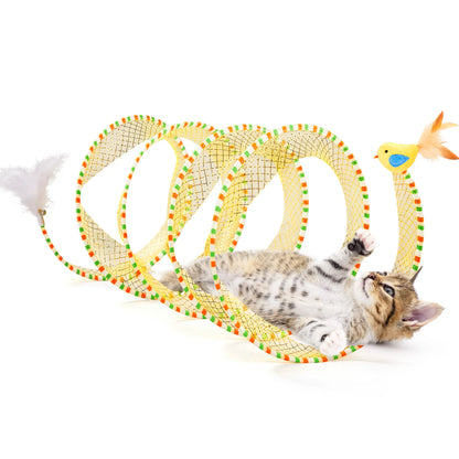 Spiral Play Tunnel with Feather & Bell for Cats (20 Inches Unfolded) 