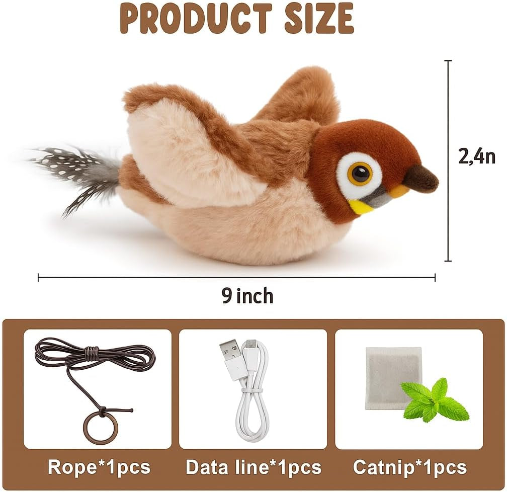 Interactive Flapping & Chirping Bird Toy for Cats and Small Dogs (No Flying) (Large 9X3")